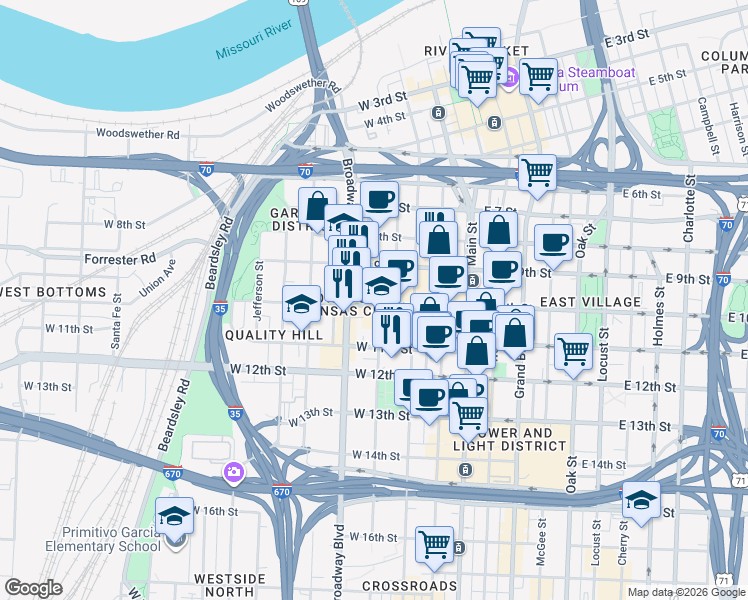 map of restaurants, bars, coffee shops, grocery stores, and more near 1016a Central Street in Kansas City