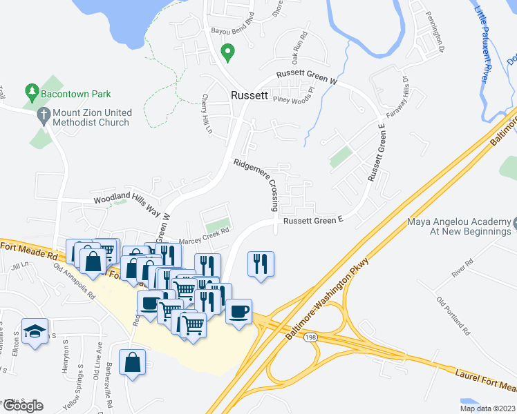 map of restaurants, bars, coffee shops, grocery stores, and more near 3504 Russett Common in Laurel