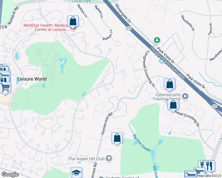 map of restaurants, bars, coffee shops, grocery stores, and more near 15003 Candover Court in Silver Spring
