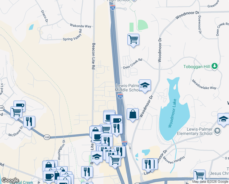 map of restaurants, bars, coffee shops, grocery stores, and more near 880 Beacon Lite Road in Monument