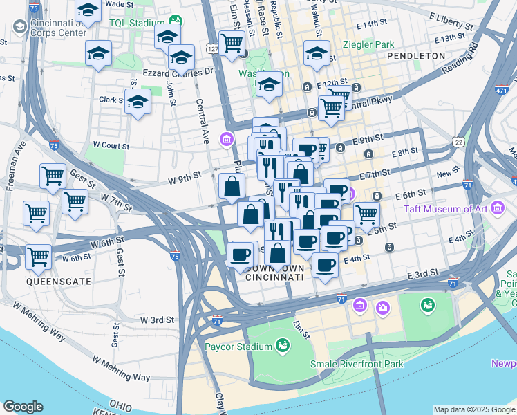 map of restaurants, bars, coffee shops, grocery stores, and more near 209 West 7th Street in Cincinnati