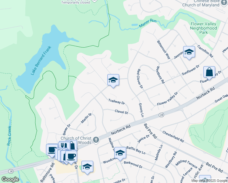 map of restaurants, bars, coffee shops, grocery stores, and more near 15101 Bauer Drive in Rockville