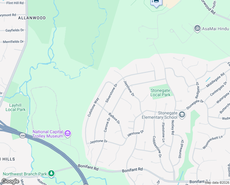 map of restaurants, bars, coffee shops, grocery stores, and more near 14725 Silverstone Drive in Silver Spring