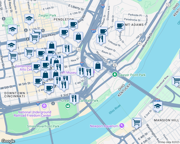 map of restaurants, bars, coffee shops, grocery stores, and more near 400 Pike Street in Cincinnati