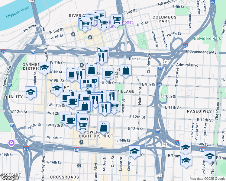 map of restaurants, bars, coffee shops, grocery stores, and more near 1002 McGee Street in Kansas City