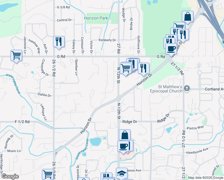 map of restaurants, bars, coffee shops, grocery stores, and more near 645-649 Horizon Drive in Grand Junction
