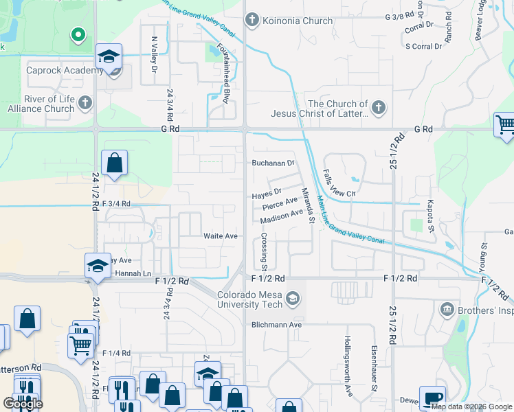 map of restaurants, bars, coffee shops, grocery stores, and more near 2504 Madison Avenue in Grand Junction