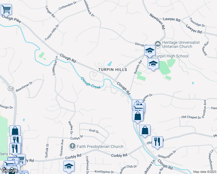 map of restaurants, bars, coffee shops, grocery stores, and more near 6387 Clough Pike in Cincinnati
