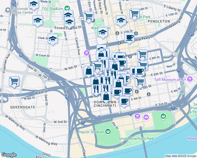 map of restaurants, bars, coffee shops, grocery stores, and more near 224 West 6th Street in Cincinnati