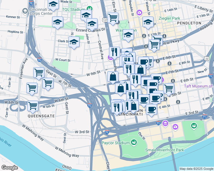 map of restaurants, bars, coffee shops, grocery stores, and more near 417 George Street in Cincinnati