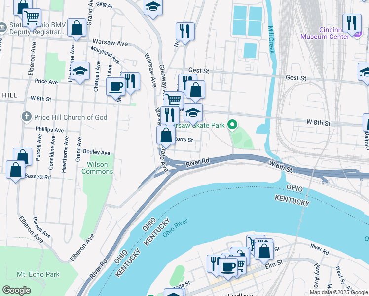 map of restaurants, bars, coffee shops, grocery stores, and more near 611 Church Street in Cincinnati