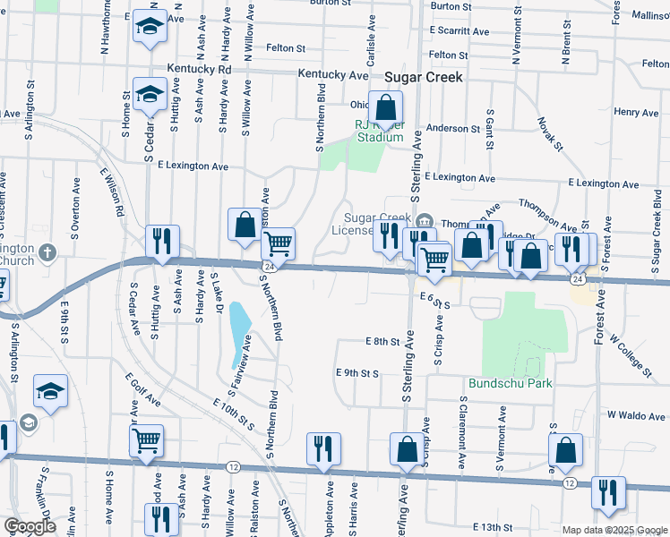 map of restaurants, bars, coffee shops, grocery stores, and more near 10815 U.S. 24 in Independence