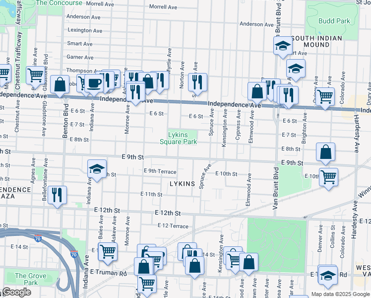 map of restaurants, bars, coffee shops, grocery stores, and more near 3919 East 9th Street in Kansas City