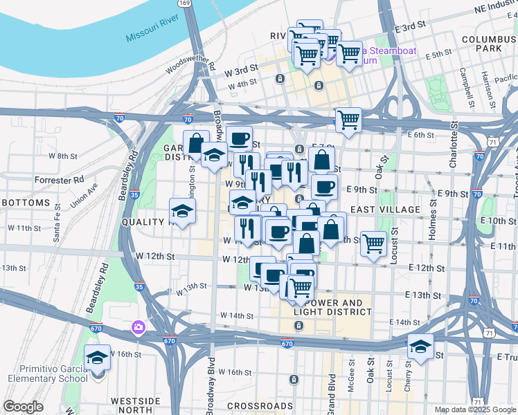 map of restaurants, bars, coffee shops, grocery stores, and more near 1004 Wyandotte Street in Kansas City