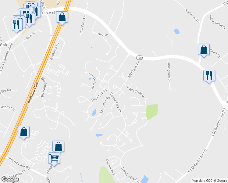 map of restaurants, bars, coffee shops, grocery stores, and more near 4213 Sugar Pine Court in Burtonsville
