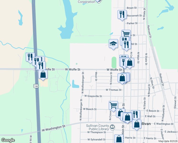 map of restaurants, bars, coffee shops, grocery stores, and more near 611 North Wolfenberger Street in Sullivan