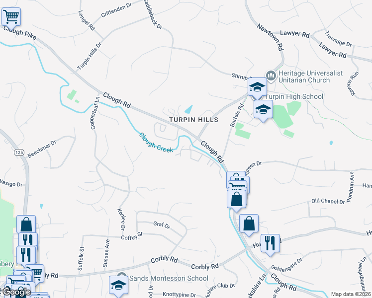 map of restaurants, bars, coffee shops, grocery stores, and more near 6387 Clough Pike in Cincinnati