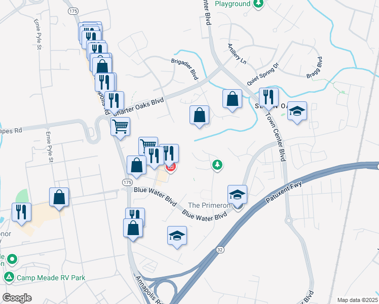 map of restaurants, bars, coffee shops, grocery stores, and more near 330 Timberbrook Court in Odenton