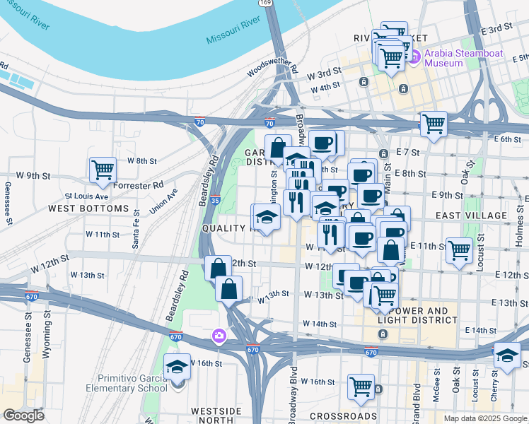 map of restaurants, bars, coffee shops, grocery stores, and more near 520 West 10 Street in Kansas City