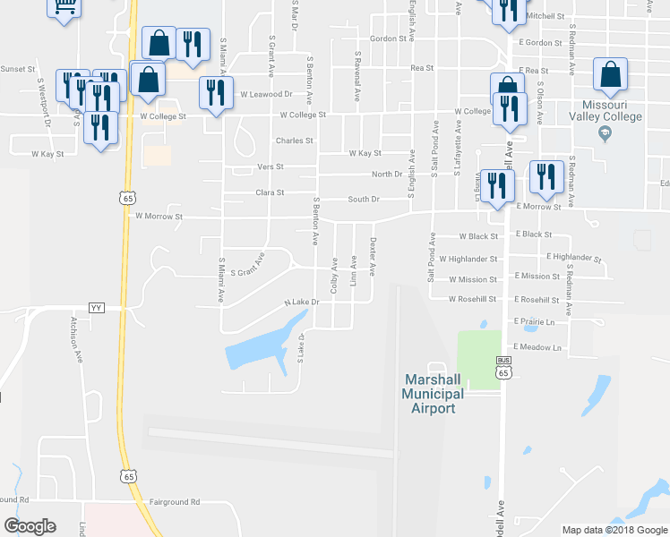 map of restaurants, bars, coffee shops, grocery stores, and more near 1700 Colby Avenue in Marshall