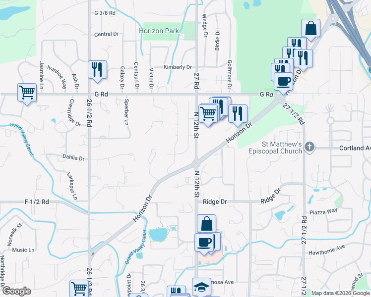 map of restaurants, bars, coffee shops, grocery stores, and more near 645-649 Horizon Drive in Grand Junction