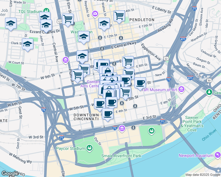 map of restaurants, bars, coffee shops, grocery stores, and more near 600 Vine Street in Cincinnati