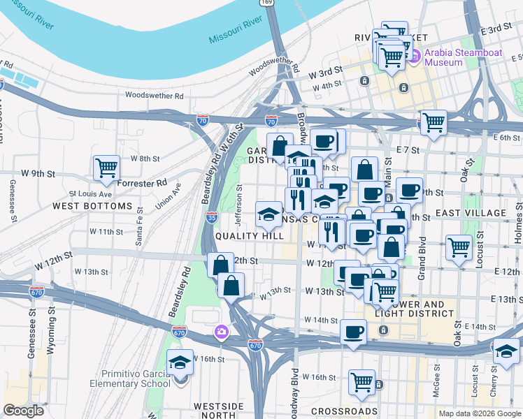 map of restaurants, bars, coffee shops, grocery stores, and more near 1080 Washington Street in Kansas City