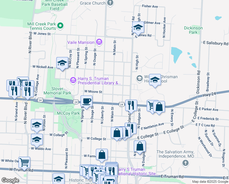 map of restaurants, bars, coffee shops, grocery stores, and more near 1105 North Main Street in Independence