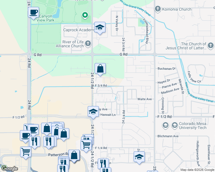 map of restaurants, bars, coffee shops, grocery stores, and more near F 3/4 Road in Grand Junction
