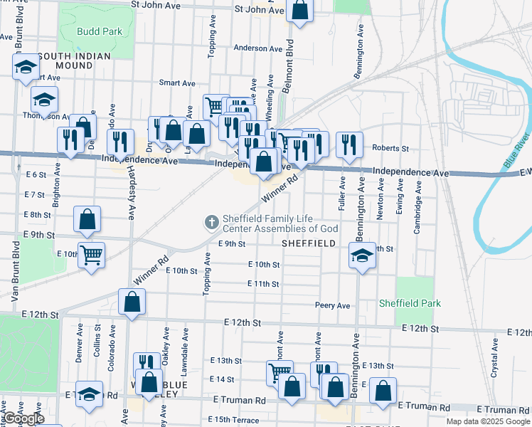 map of restaurants, bars, coffee shops, grocery stores, and more near 810 Wheeling Avenue in Kansas City
