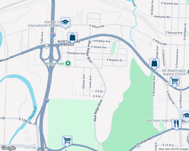 map of restaurants, bars, coffee shops, grocery stores, and more near 8713 East 7 Street in Kansas City