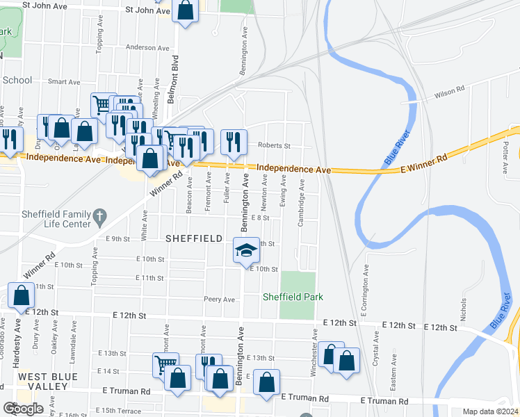 map of restaurants, bars, coffee shops, grocery stores, and more near 720 Newton Avenue in Kansas City