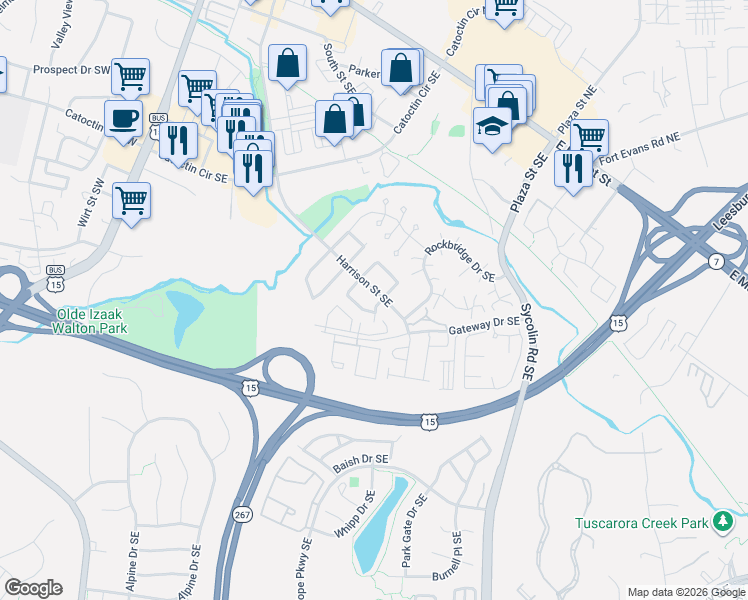map of restaurants, bars, coffee shops, grocery stores, and more near 364 Nansemond Street Southeast in Leesburg