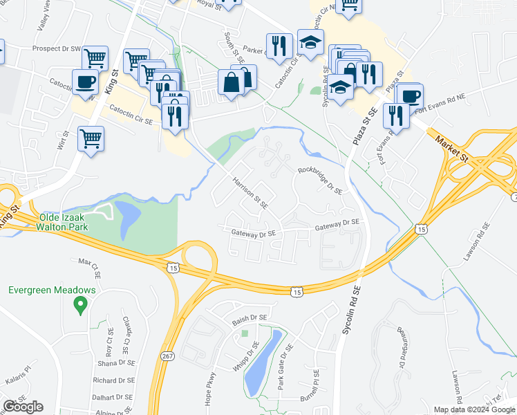 map of restaurants, bars, coffee shops, grocery stores, and more near 364 Nansemond Street Southeast in Leesburg