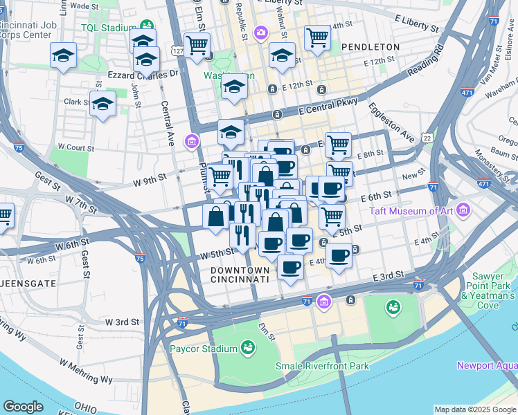 map of restaurants, bars, coffee shops, grocery stores, and more near 107 Shillito Place in Cincinnati