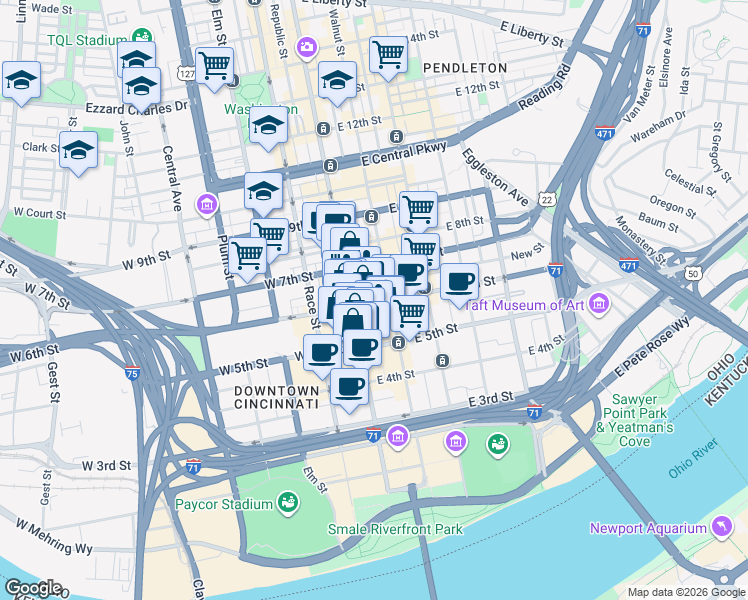 map of restaurants, bars, coffee shops, grocery stores, and more near 38 Fountain Square Plaza in Cincinnati
