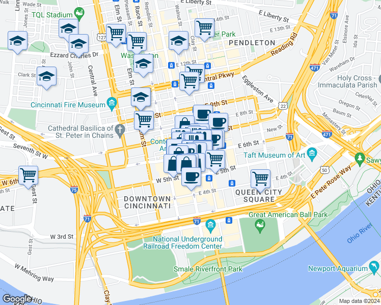 map of restaurants, bars, coffee shops, grocery stores, and more near 602 Vine Street in Cincinnati