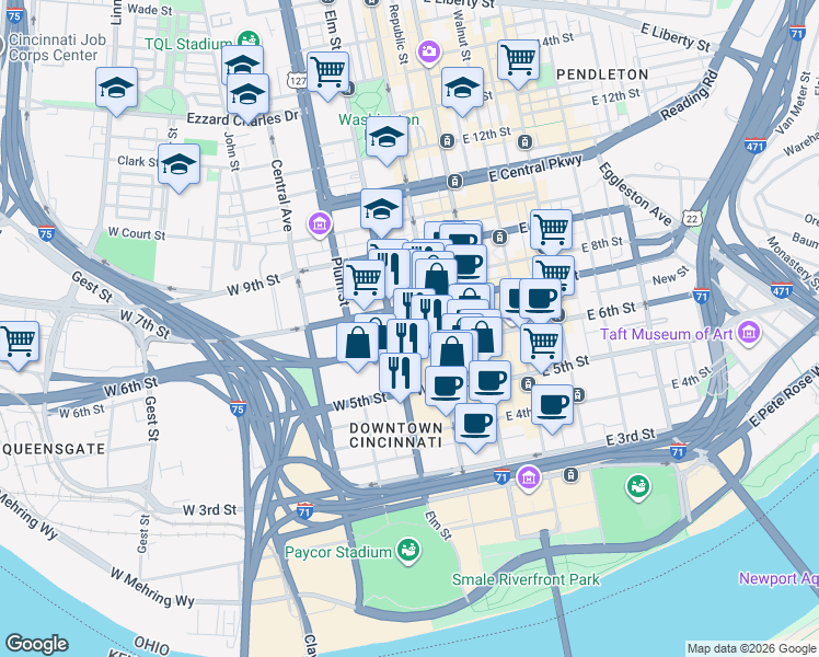 map of restaurants, bars, coffee shops, grocery stores, and more near in Cincinnati