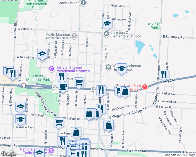 map of restaurants, bars, coffee shops, grocery stores, and more near 1020 North Noland Road in Independence
