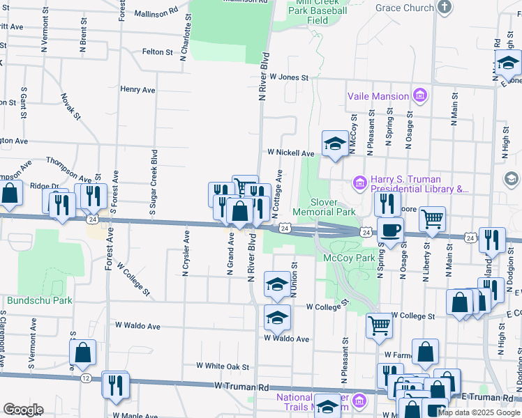 map of restaurants, bars, coffee shops, grocery stores, and more near 912 West US Highway 24 in Independence