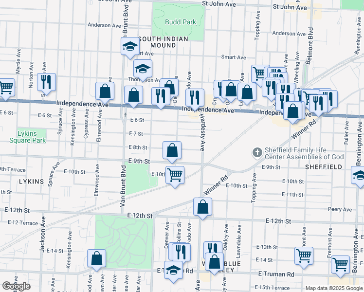 map of restaurants, bars, coffee shops, grocery stores, and more near 815 Denver Avenue in Kansas City