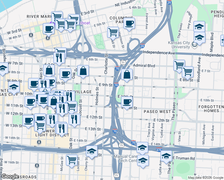 map of restaurants, bars, coffee shops, grocery stores, and more near 806 East 10th Street in Kansas City