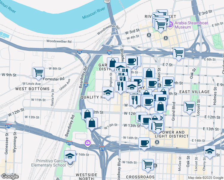 map of restaurants, bars, coffee shops, grocery stores, and more near 1080 Washington Street in Kansas City