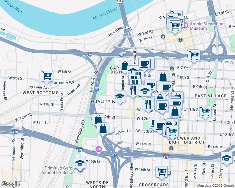 map of restaurants, bars, coffee shops, grocery stores, and more near 1080 Washington Street in Kansas City