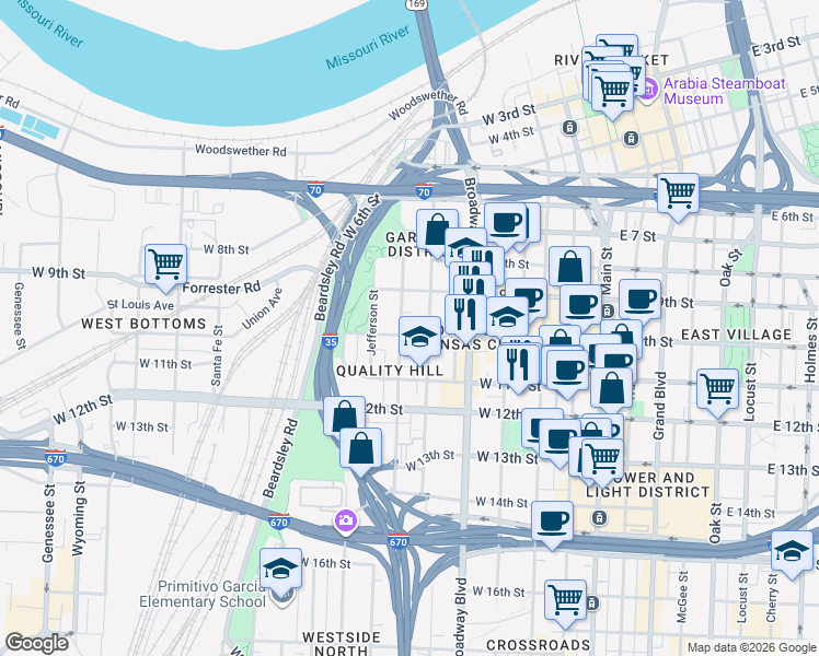 map of restaurants, bars, coffee shops, grocery stores, and more near 1080 Washington Street in Kansas City