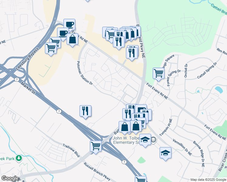 map of restaurants, bars, coffee shops, grocery stores, and more near 560 Sparkleberry Terrace Northeast in Leesburg