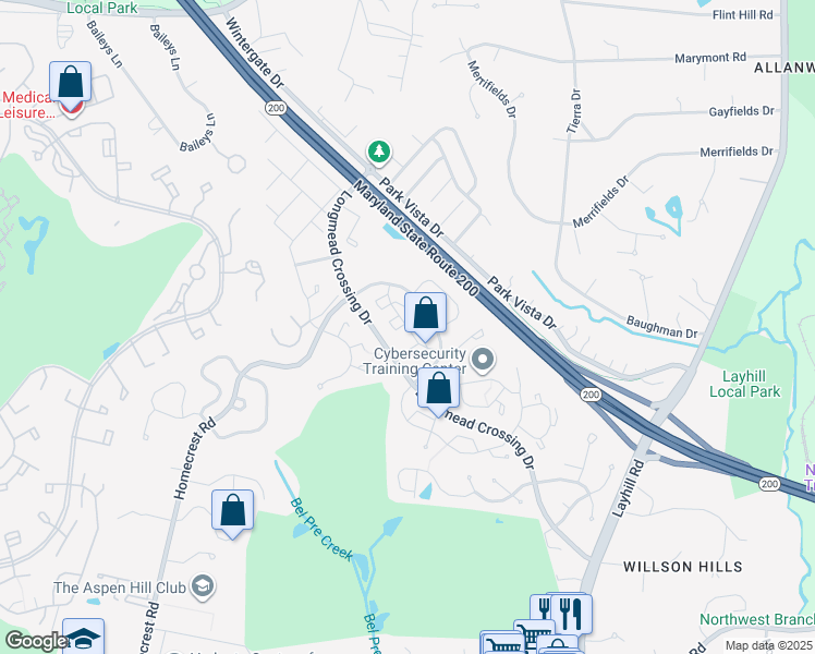 map of restaurants, bars, coffee shops, grocery stores, and more near 2517 McVeary Court in Silver Spring
