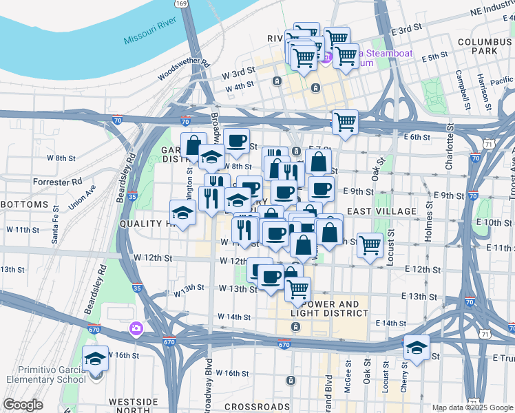 map of restaurants, bars, coffee shops, grocery stores, and more near 1004 Wyandotte Street in Kansas City