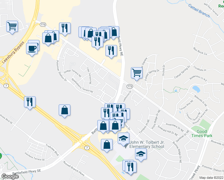 map of restaurants, bars, coffee shops, grocery stores, and more near 539 Legrace Terrace Northeast in Leesburg