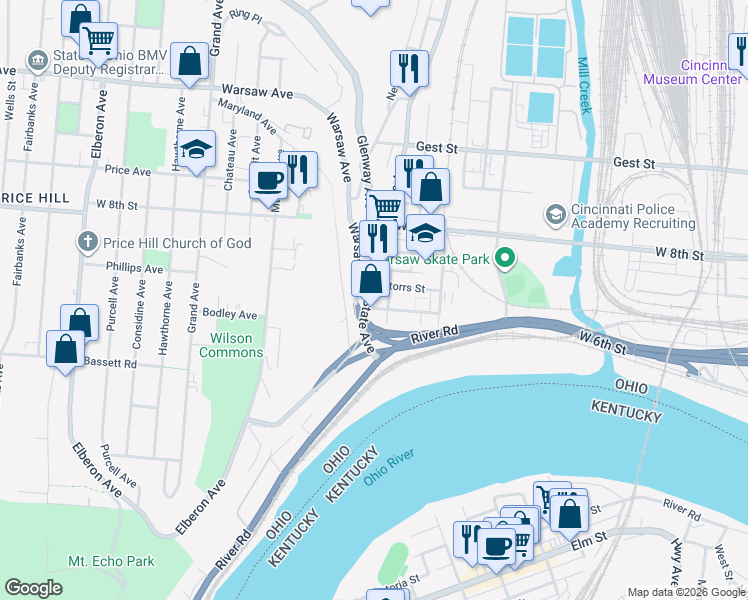 map of restaurants, bars, coffee shops, grocery stores, and more near 668 State Avenue in Cincinnati